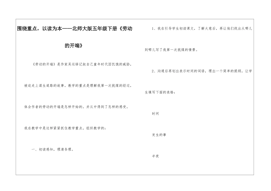 围绕重点-以读为本——北师大版五年级下册《劳动的开端》-_第1页
