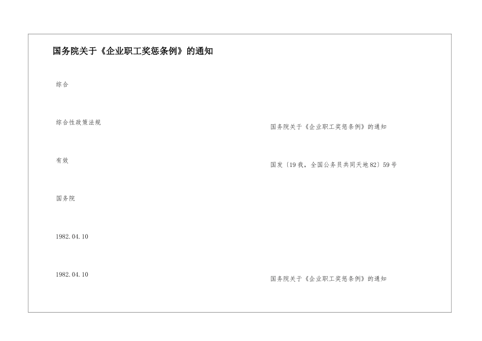 国务院关于《企业职工奖惩条例》的通知_第1页
