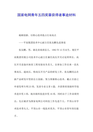 国家电网青年五四奖章获得者事迹材料