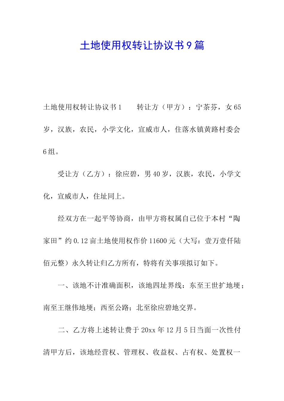 土地使用权转让协议书9篇_第1页