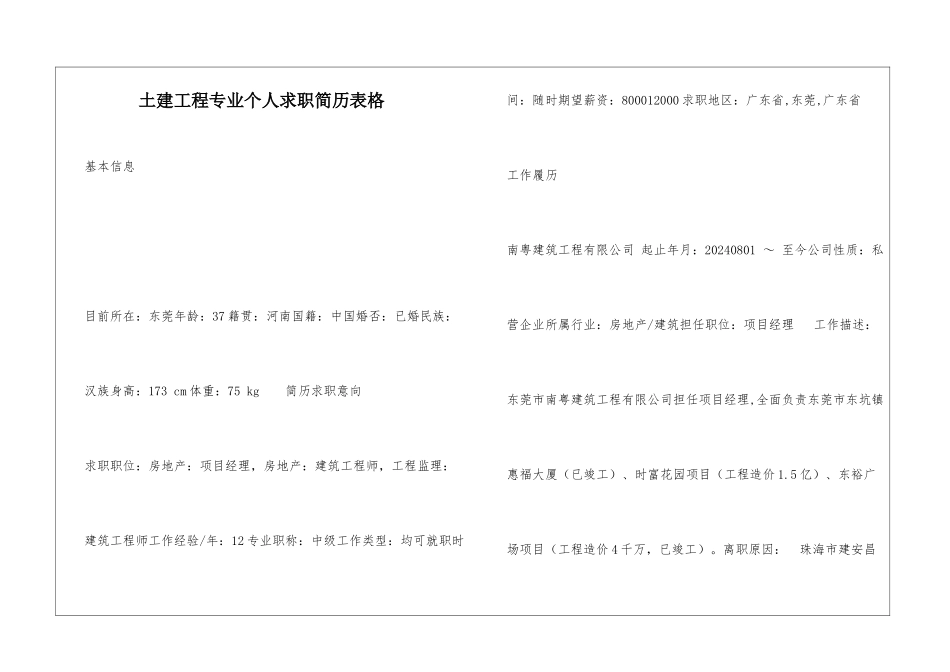 土建工程专业个人求职简历表格_第1页