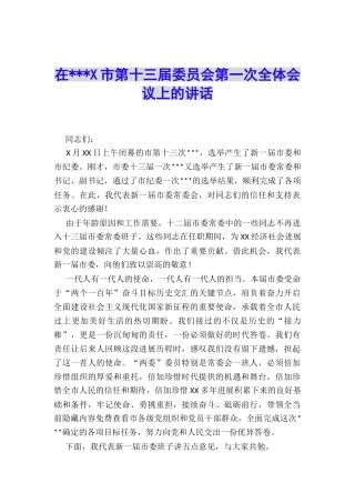 在---X市第十三届委员会第一次全体会议上的讲话
