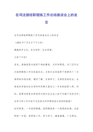 在司法部挂职锻炼工作总结座谈会上的发言-