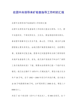 在团中央领导来矿检查指导工作时的汇报-