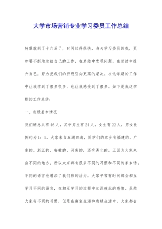 大学市场营销专业学习委员工作总结-