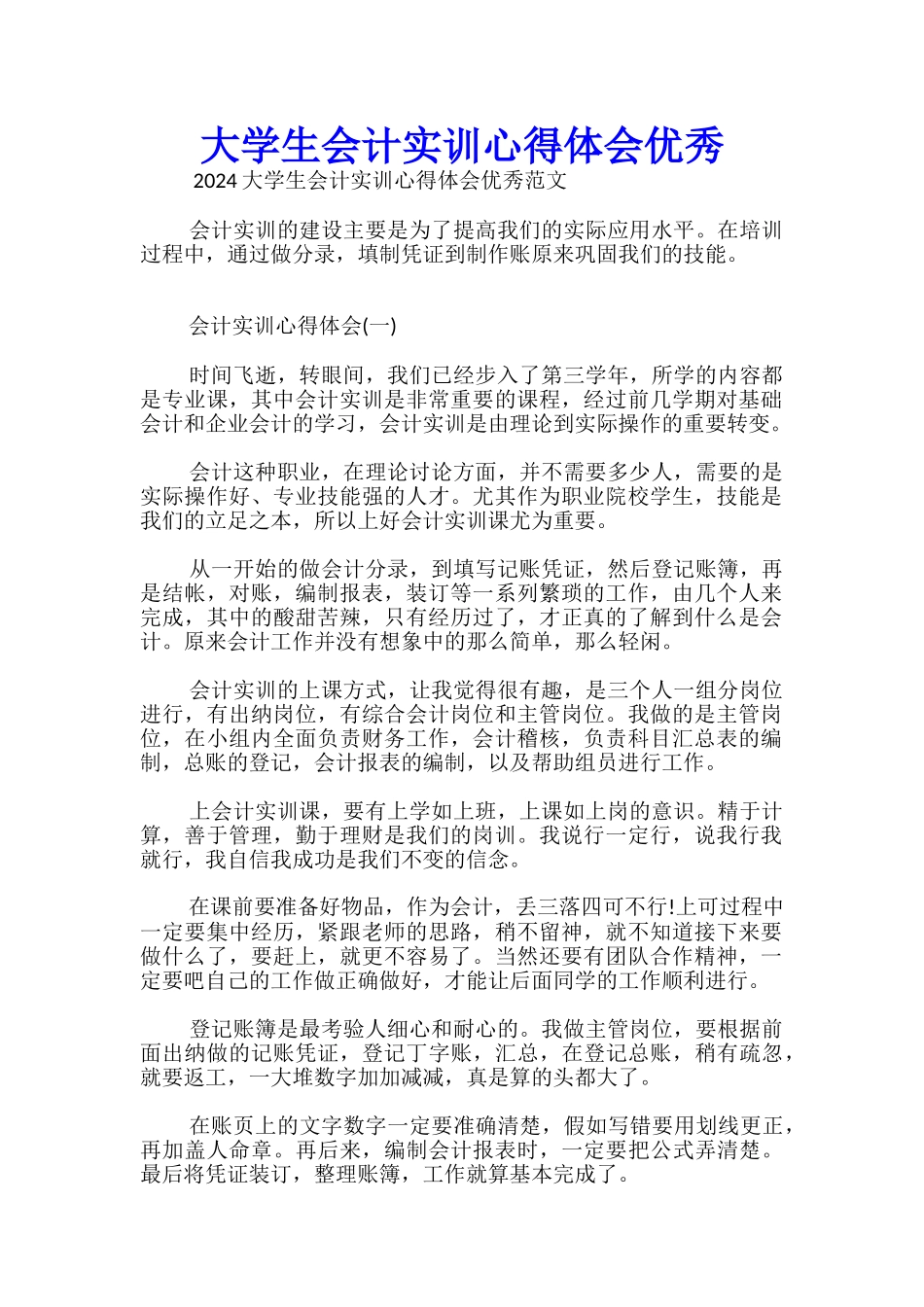 大学生会计实训心得体会优秀_第1页