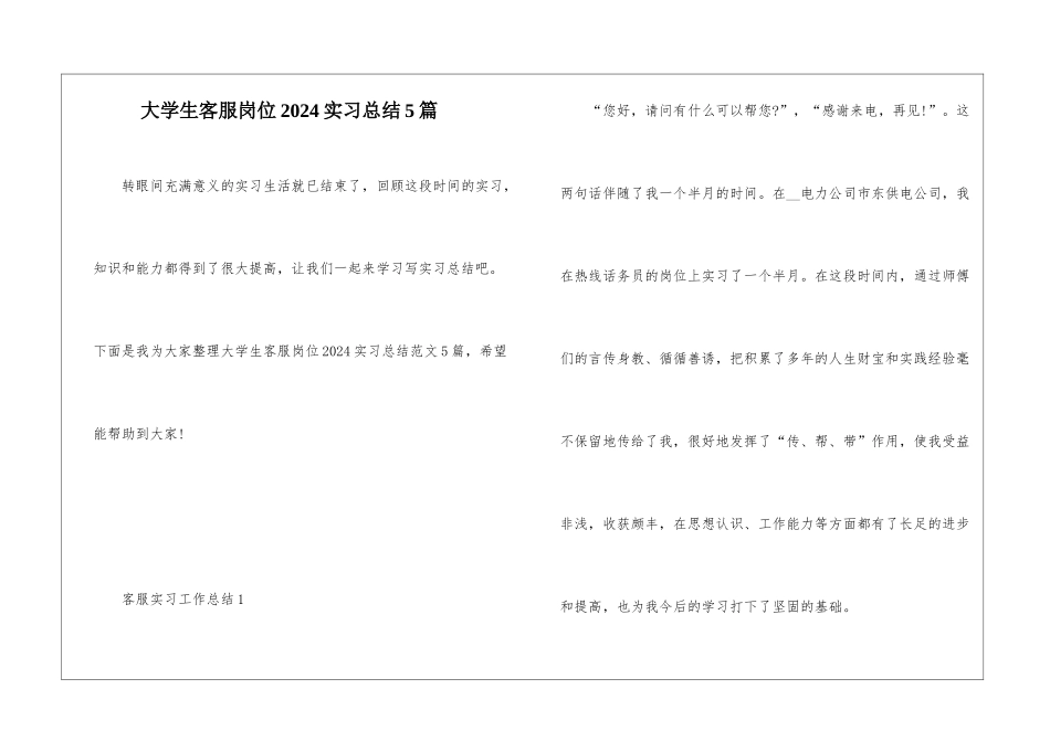 大学生客服岗位2024实习总结5篇_第1页