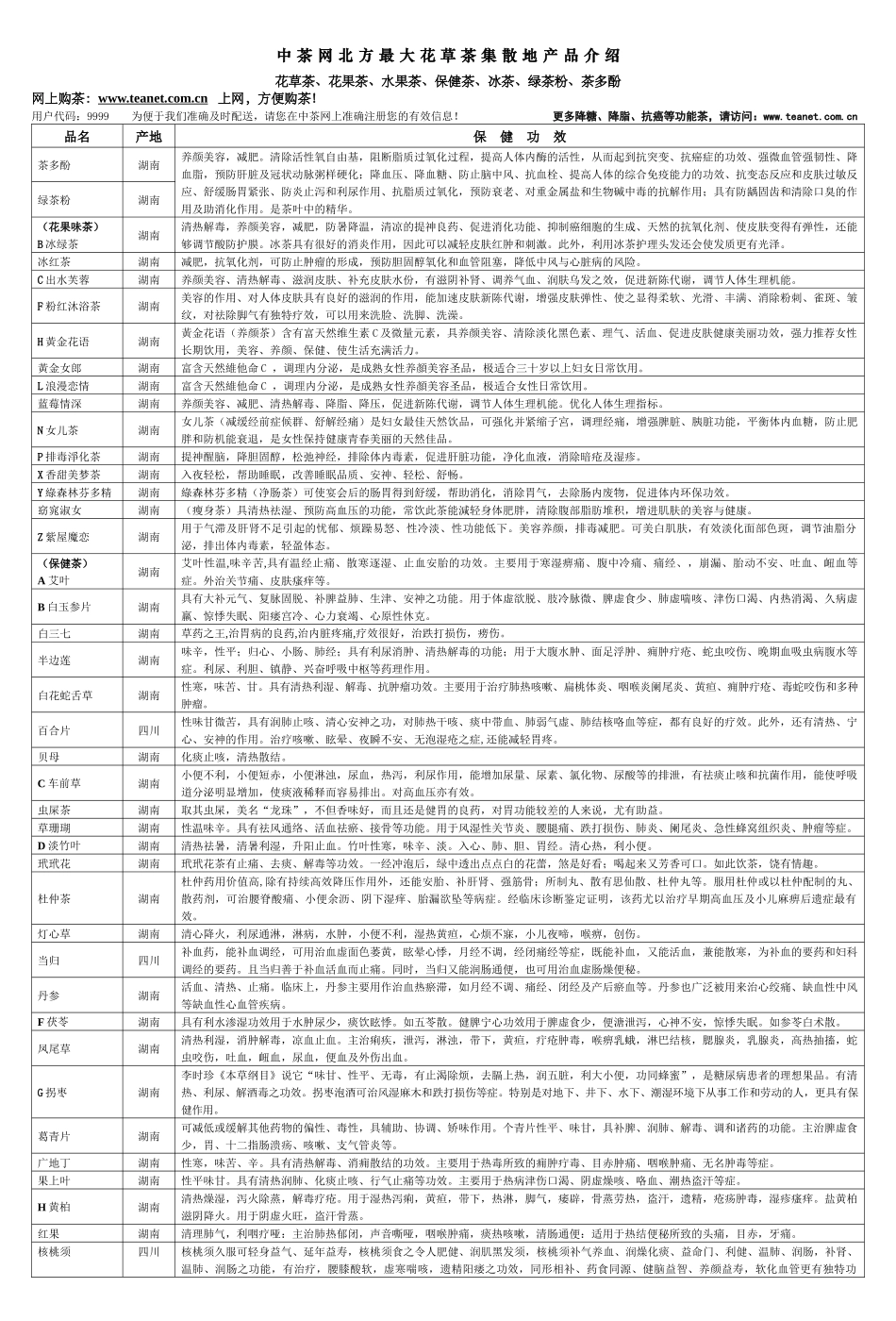 功效介绍单-中茶网北方最大花草茶集散地产品介绍_第1页