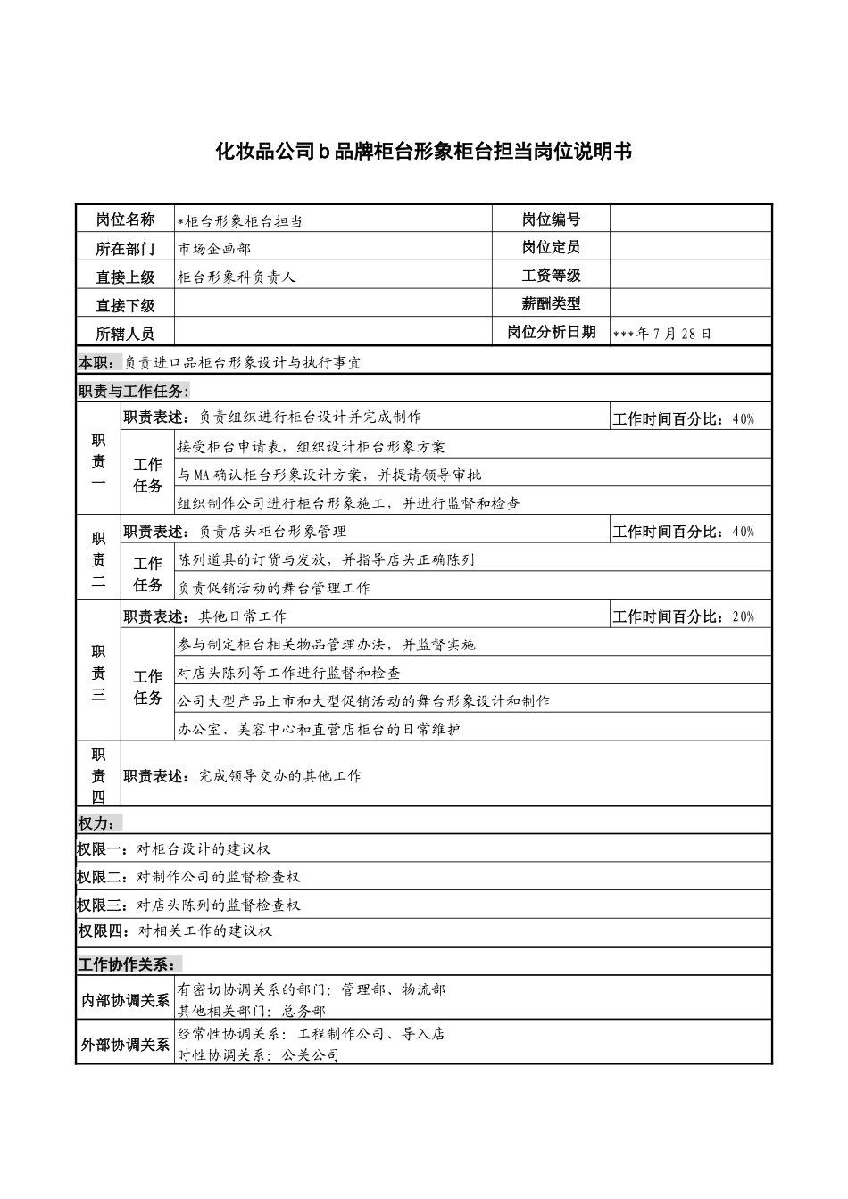 化妆品公司b品牌柜台形象柜台担当岗位说明书_第1页