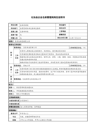 化妆品企业仓库管理岗岗位说明书