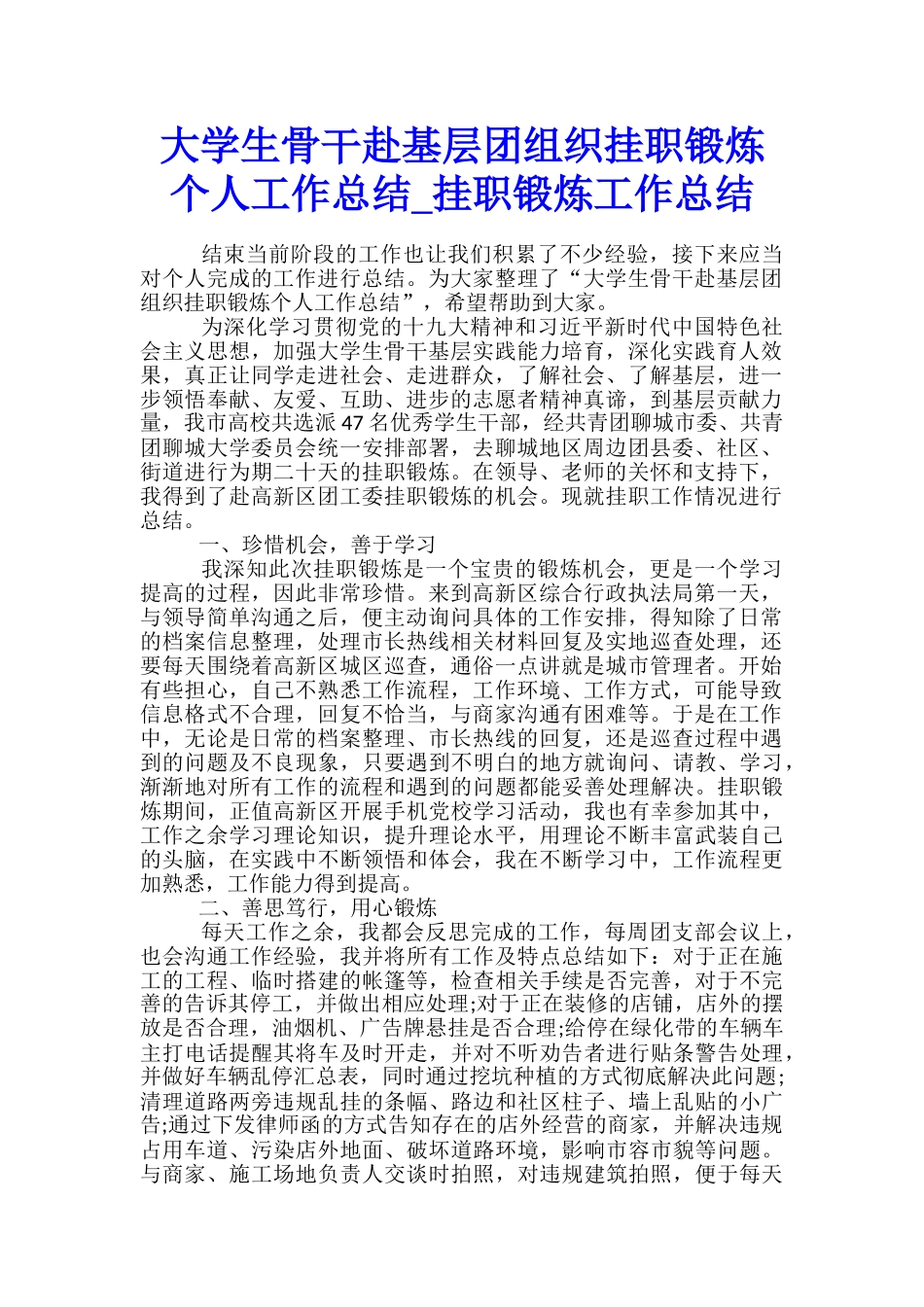 大学生骨干赴基层团组织挂职锻炼个人工作总结-挂职锻炼工作总结_第1页