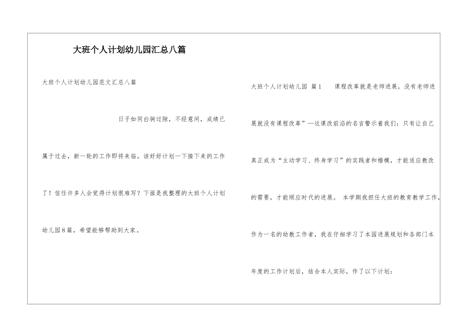 大班个人计划幼儿园汇总八篇_第1页
