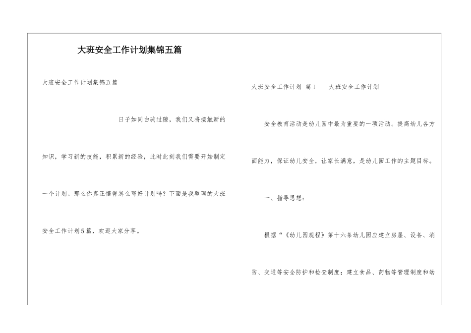 大班安全工作计划集锦五篇_第1页