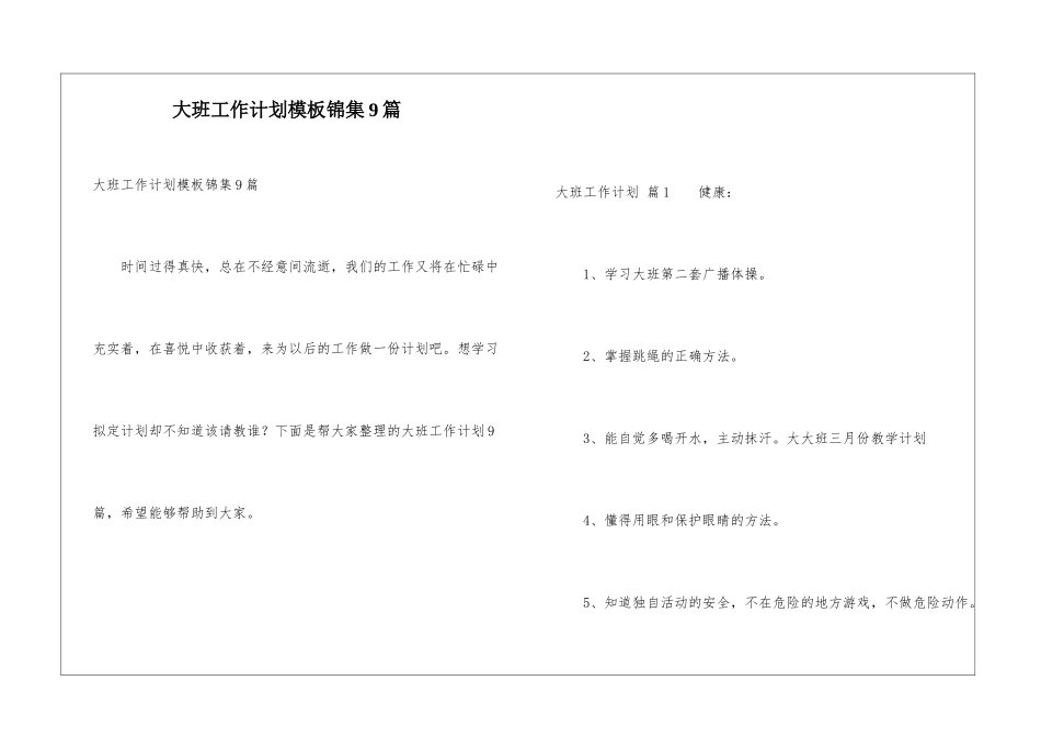 大班工作计划模板锦集9篇_第1页