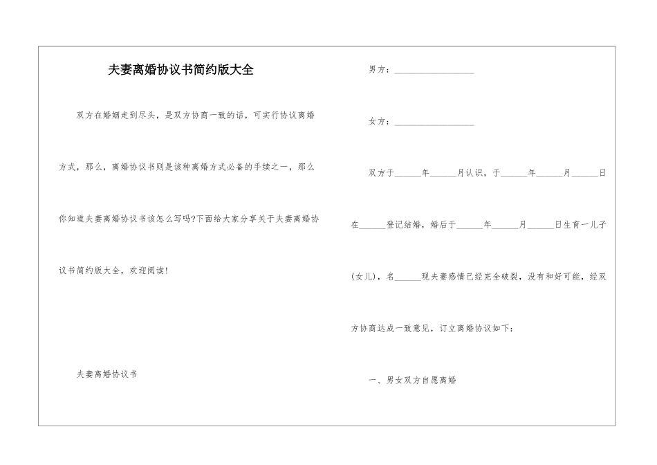 夫妻离婚协议书简约版大全_第1页