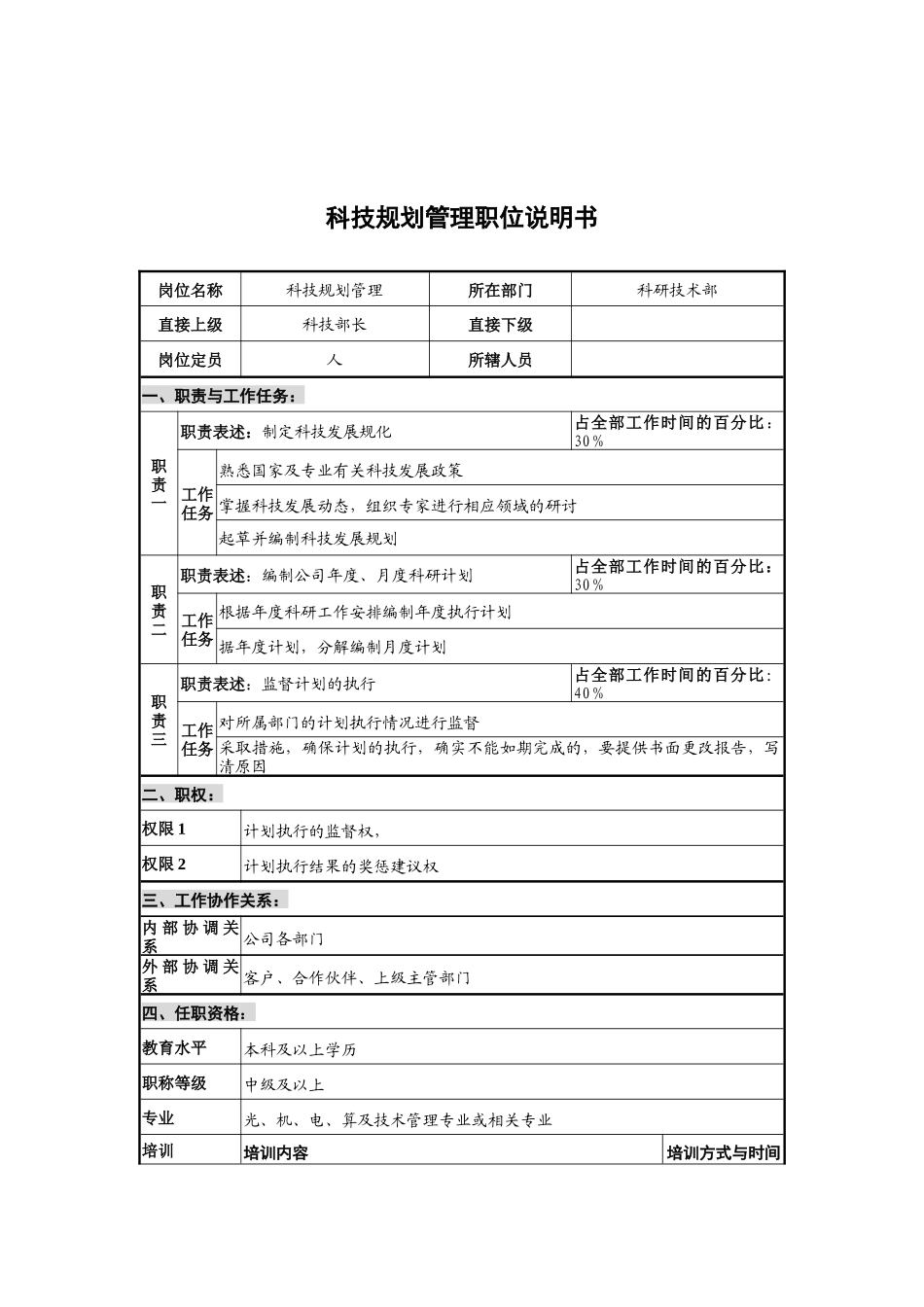 华北光学仪器公司科研技术部科技规划管理职位说明书_第1页