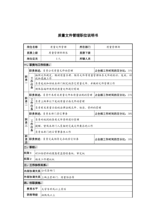 华北光学仪器公司质量管理部质量文件管理职位说明书