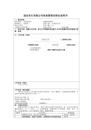 冠东车灯有限公司体系管理员职位说明书