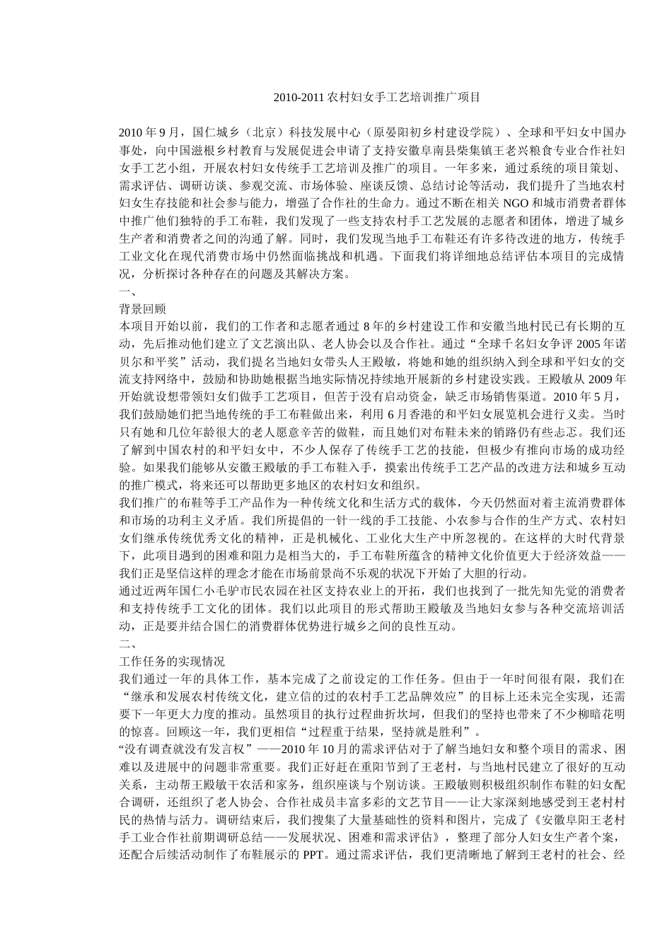农村妇女手工艺培训推广项目报告_第1页