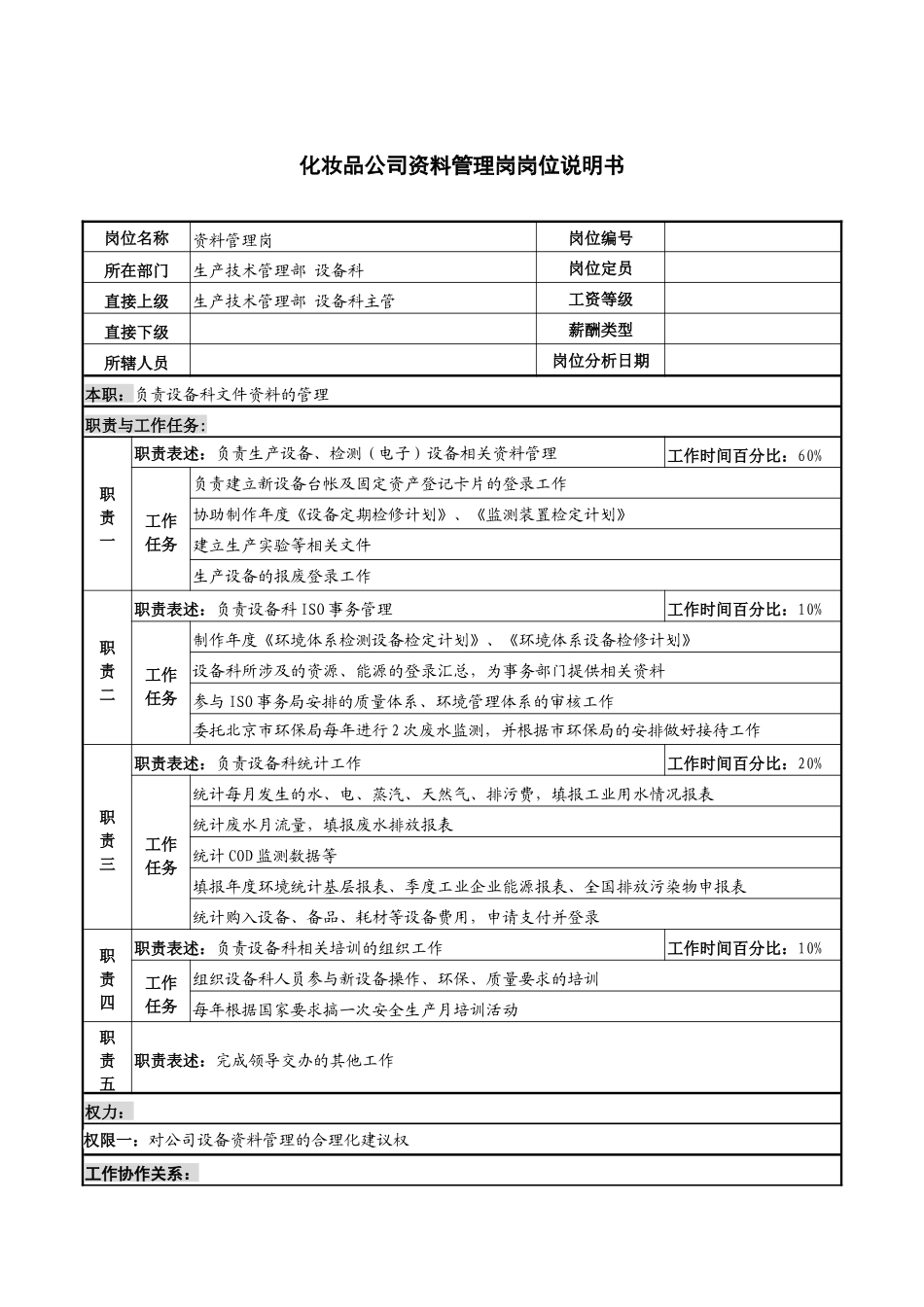 化妆品公司资料管理岗岗位说明书_第1页
