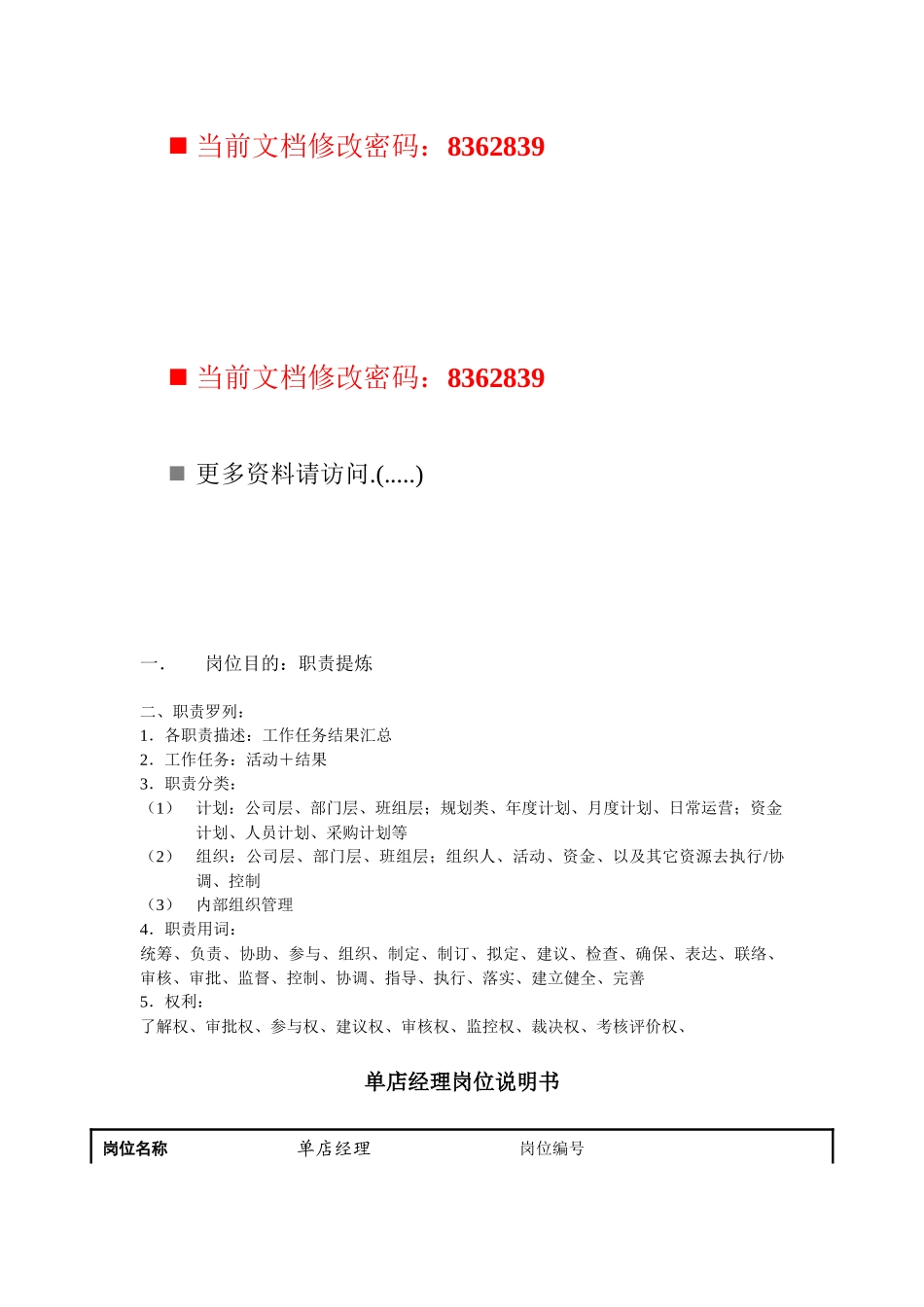 单店经理工作说明书_第1页