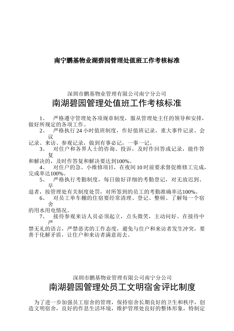 南宁某某公司管理处值班工作考核标准_第1页