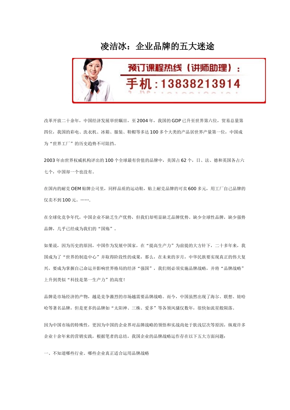 凌洁冰：企业品牌培训_第1页