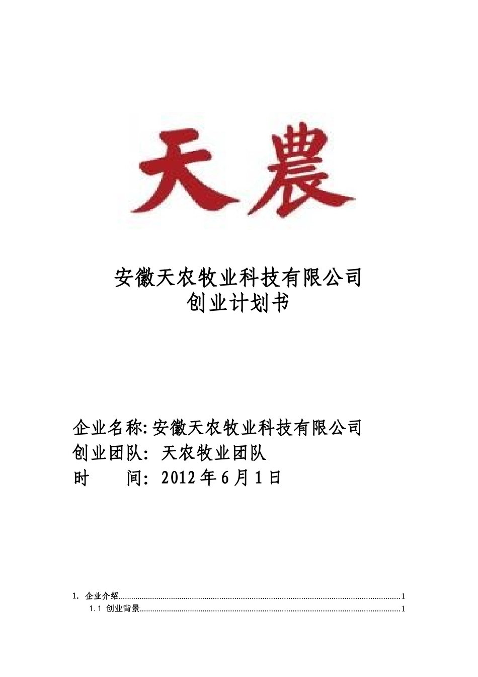 创业计划书优秀模版_第1页