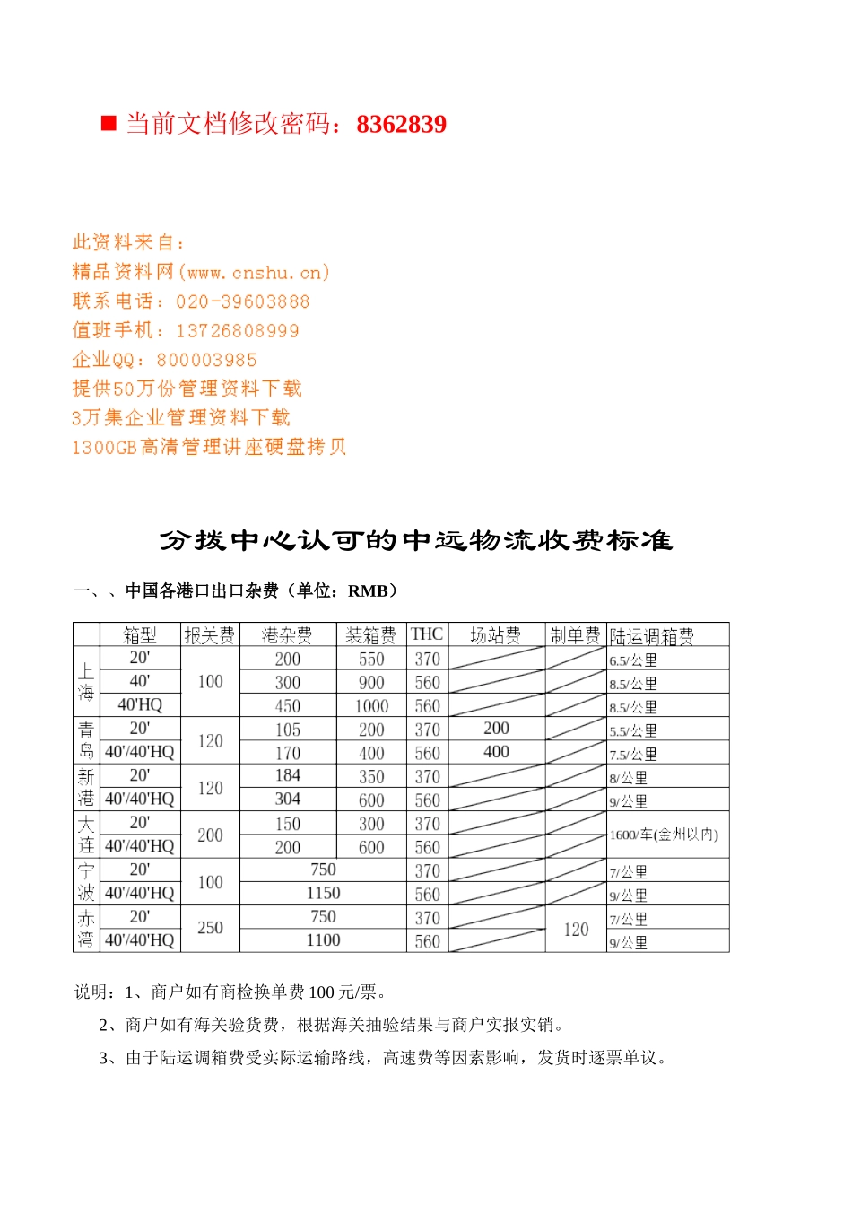 分拨中心认可的中远物流收费标准讲义_第1页