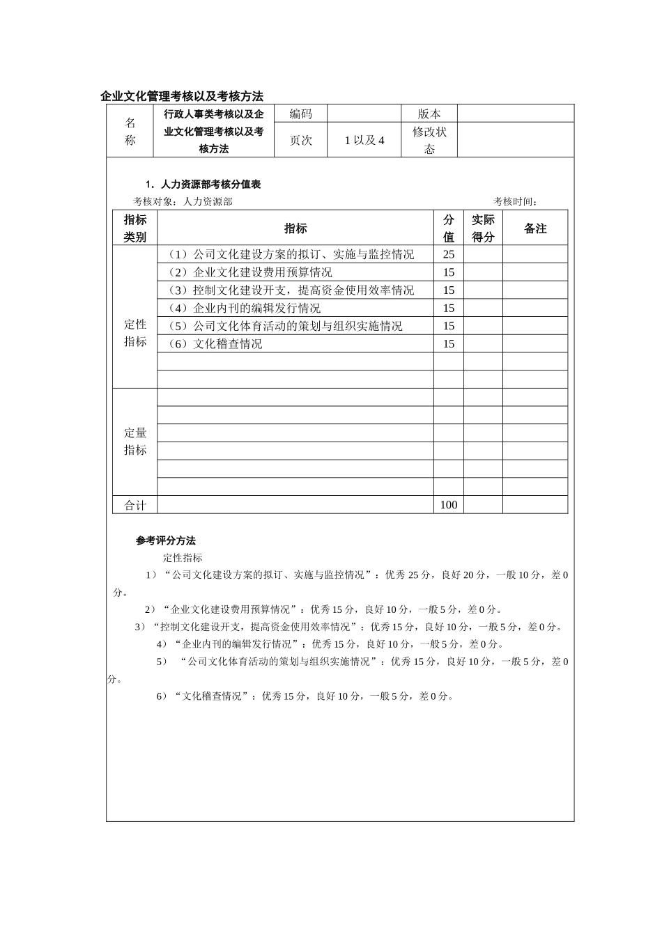 企业文化管理考核以及考核方法_第1页
