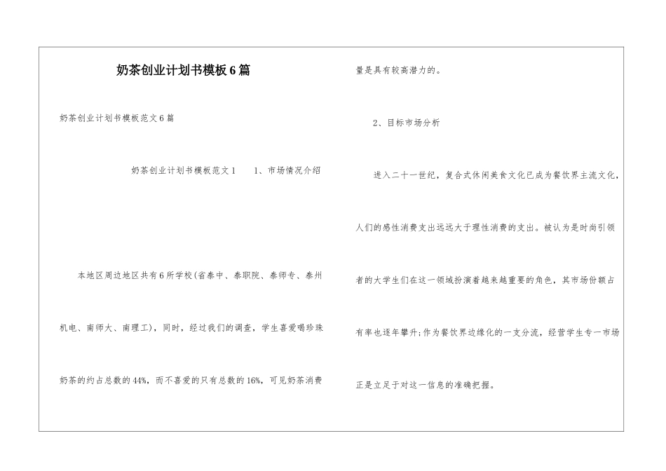 奶茶创业计划书模板6篇_第1页