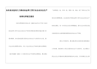 如东县安监局大力推进冶金等工贸行业企业安全生产标准化样板区建设