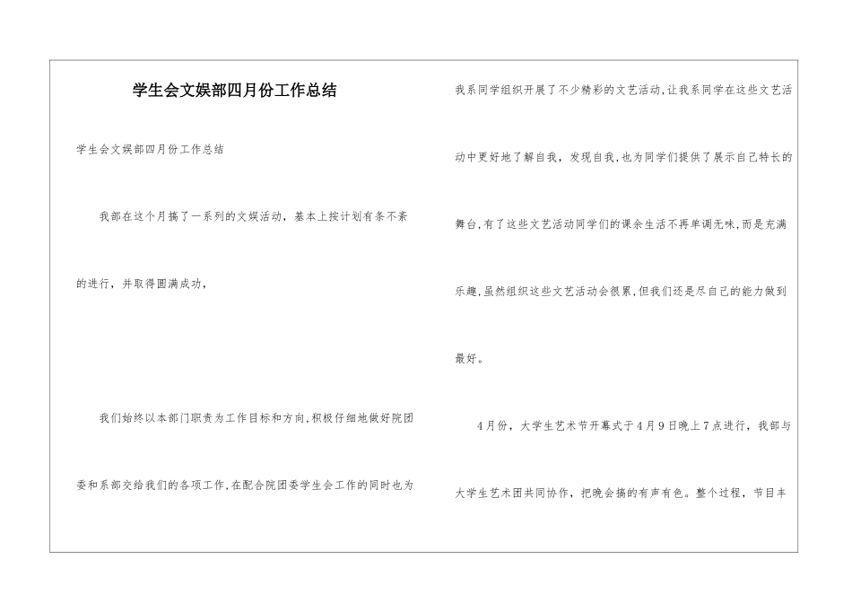 学生会文娱部四月份工作总结_第1页
