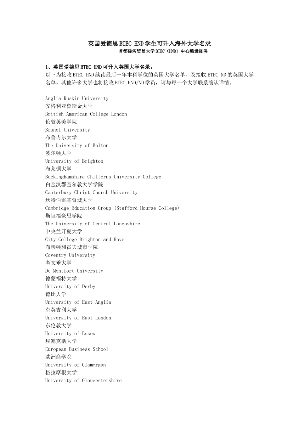 首都经济贸易大学HND项目对接海外大学名录_第1页