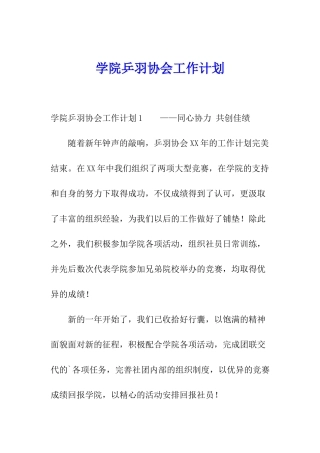学院乒羽协会工作计划