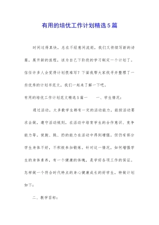 实用的培优工作计划精选5篇-