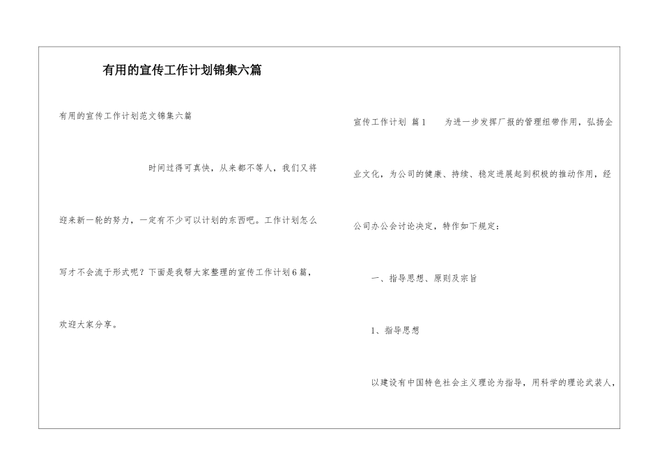 实用的宣传工作计划锦集六篇_第1页