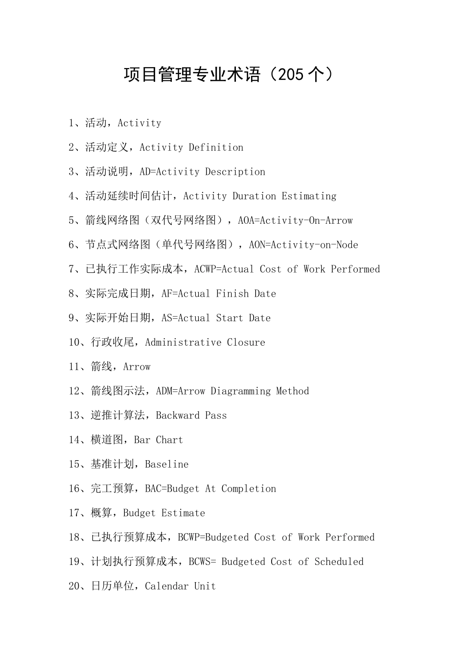 项目管理专业术语【205个】_第1页