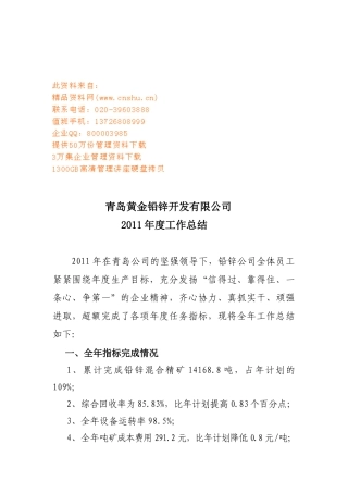 青岛黄金铅锌公司年度工作总结