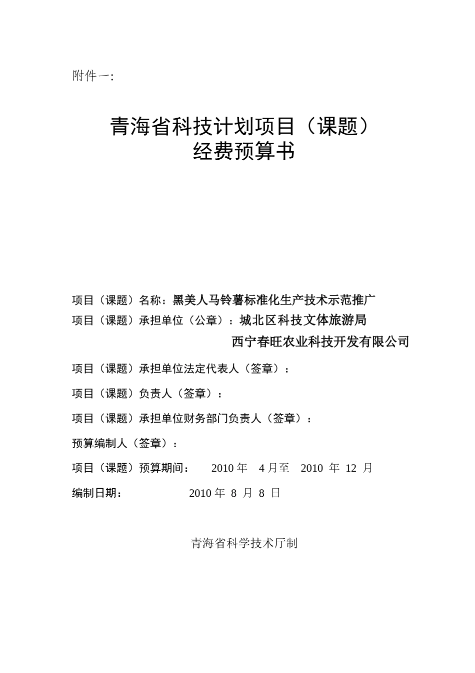 青海省科技项目经费预算书_第1页