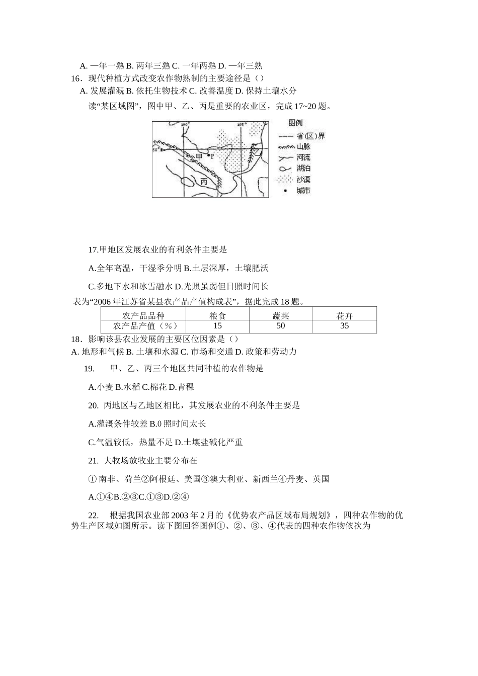 农业地域的形成和发展单元测试卷_第3页