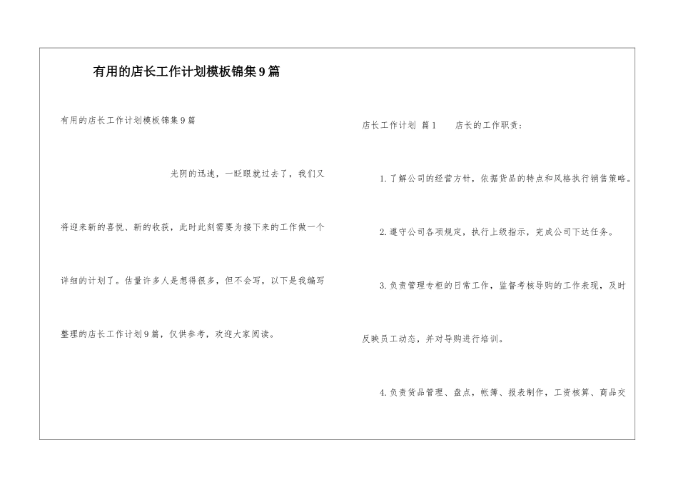 实用的店长工作计划模板锦集9篇_第1页