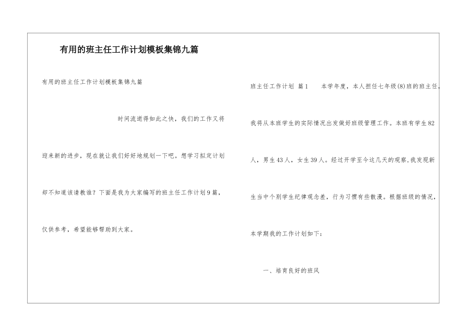 实用的班主任工作计划模板集锦九篇_第1页