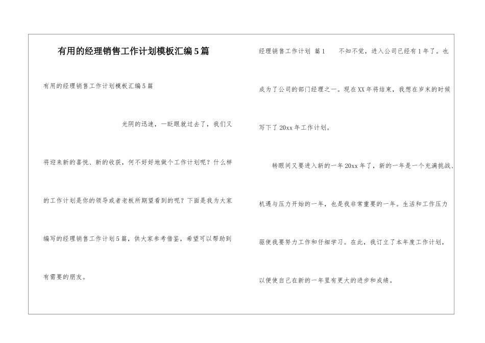 实用的经理销售工作计划模板汇编5篇_第1页