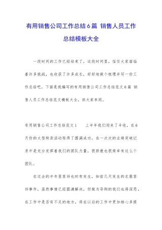 实用销售公司工作总结6篇-销售人员工作总结模板大全