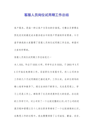 客服人员岗位试用期工作总结-