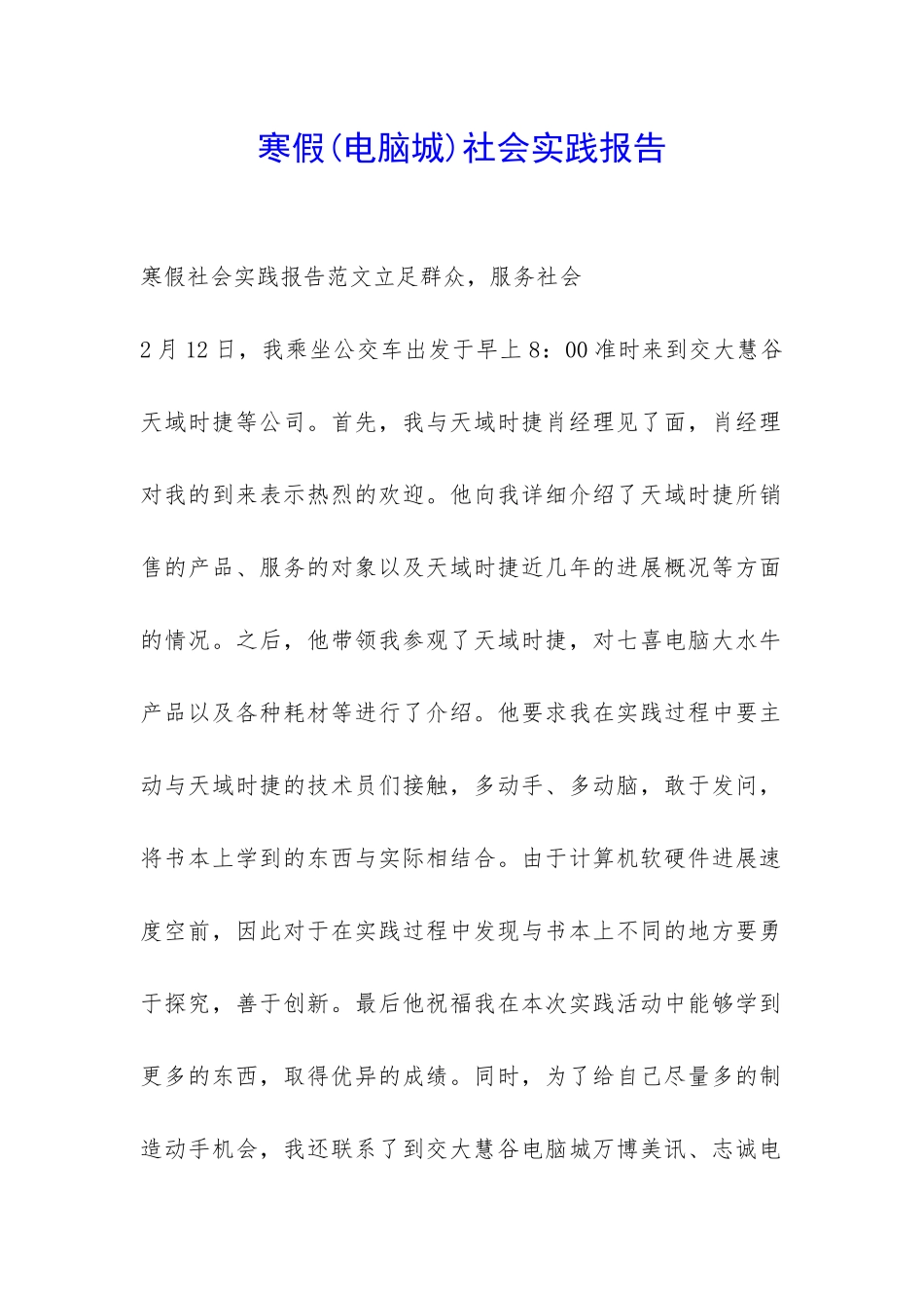 寒假(电脑城)社会实践报告-_第1页