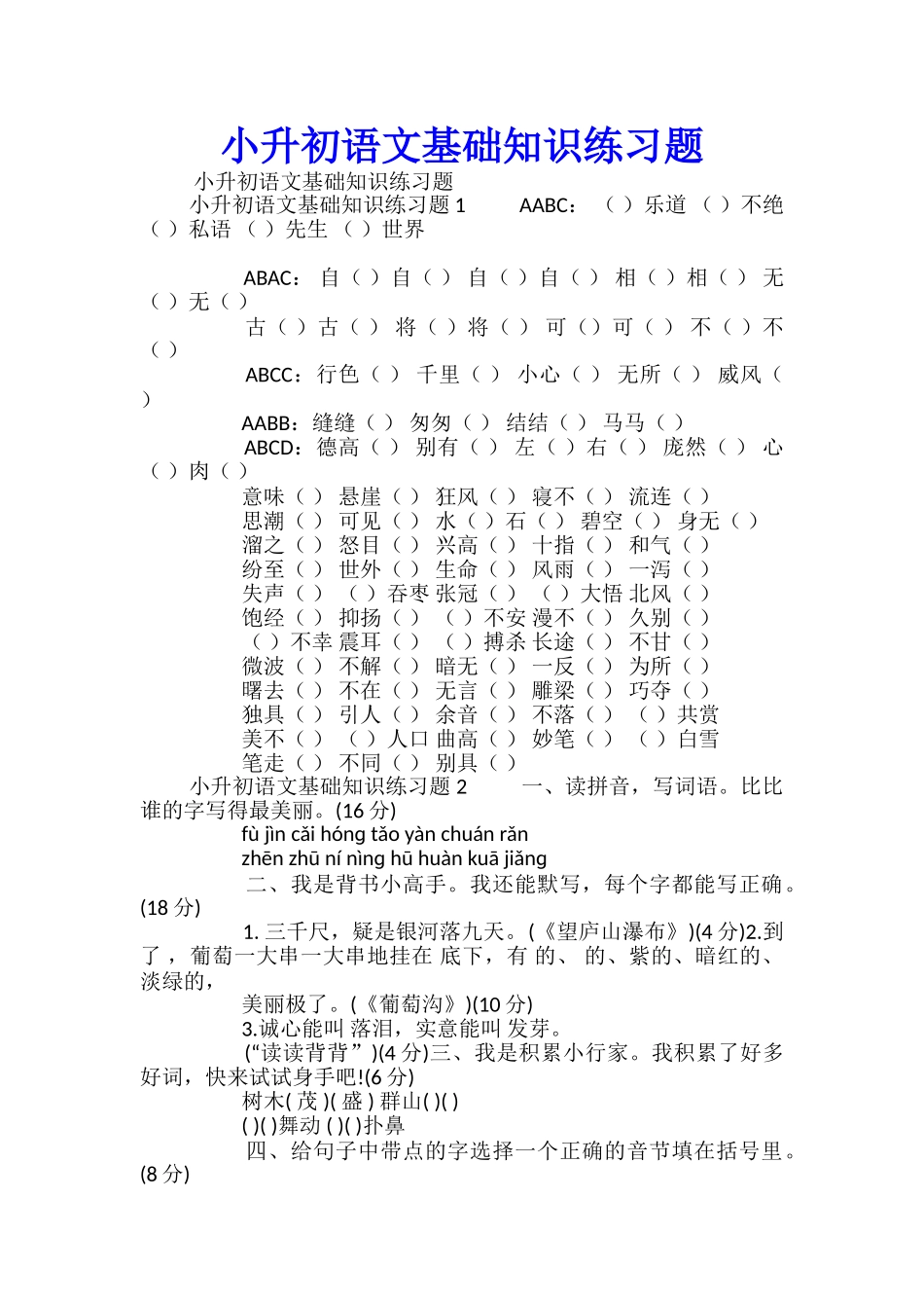 小升初语文基础知识练习题_第1页