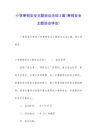 小学寒假安全主题班会总结3篇