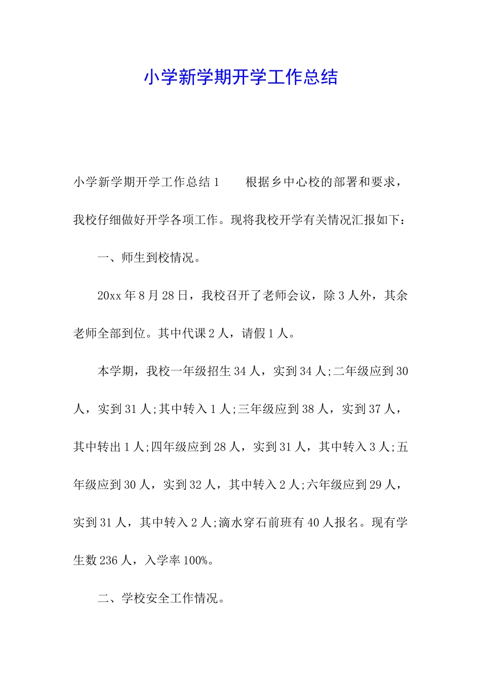 小学新学期开学工作总结_第1页